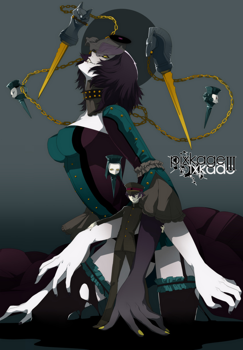 black_eyes, black_hair, black_legwear, extra_arms, fangs, gakuran, garter_straps, garters
