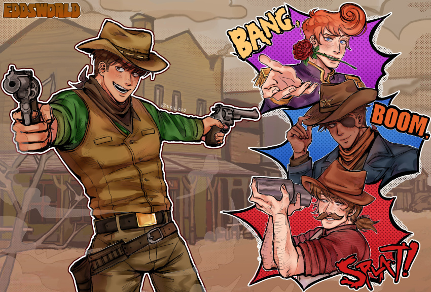 4boys, absurdres, adjusting_clothes, adjusting_headwear, aiming, aiming_at_viewer, alcohol, alternate_skin_color