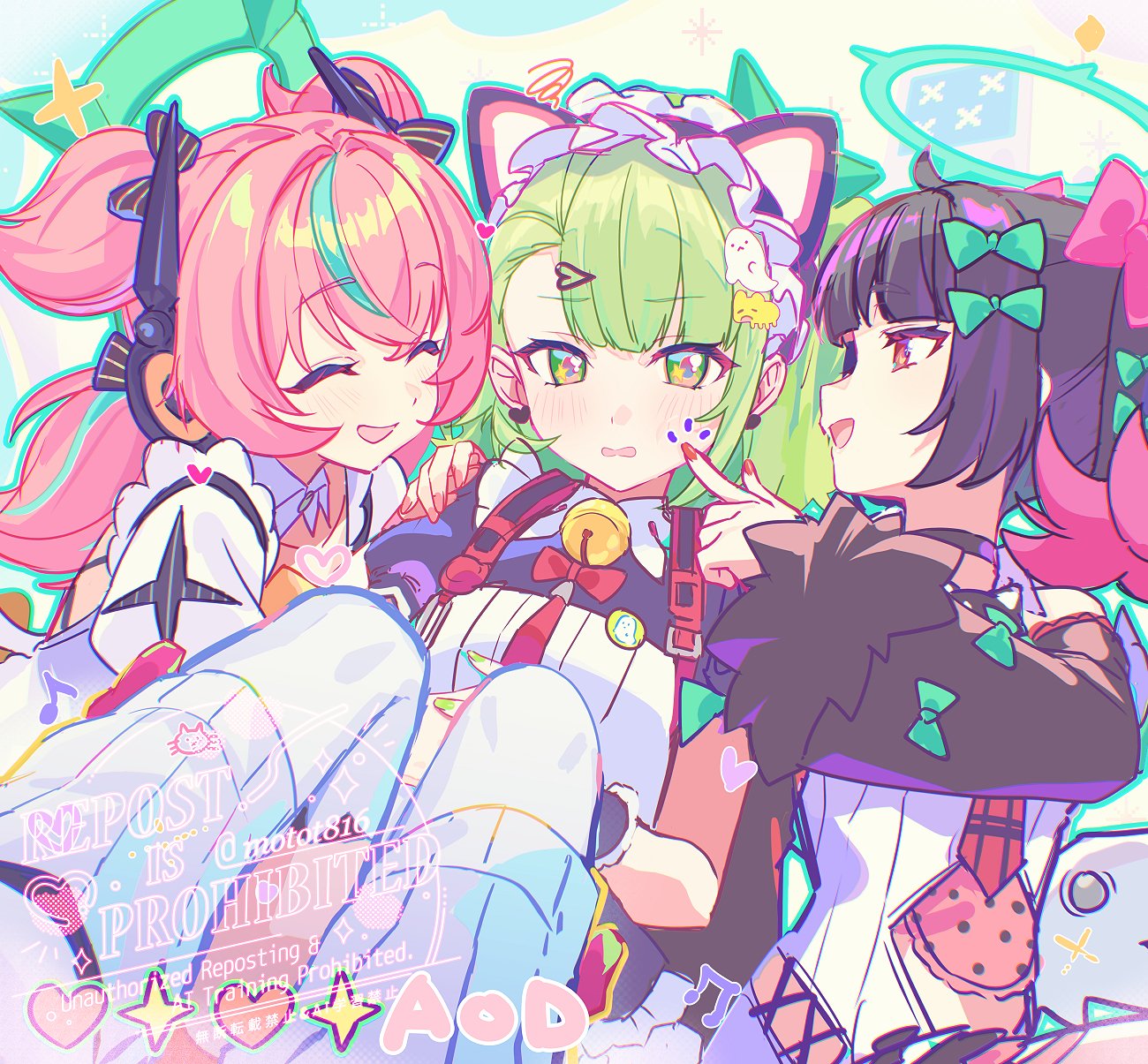 3girls, :d, ^_^, angels_of_delusion, animal_ears, aria_(zenless_zone_zero), black_hair, bow