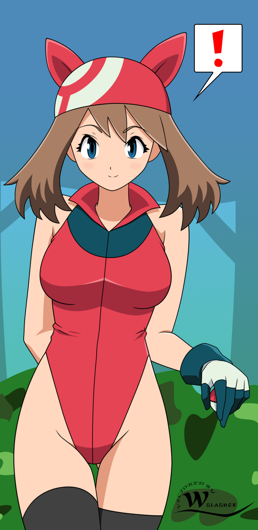 bare_shoulders, blue_eyes, blush, bodysuit, breasts, brown_hair, forest, gloves
