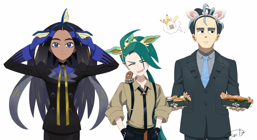 1boy, 2girls, absurdres, androgynous, animal_ears, dark-skinned_female, dark_skin, diglett, formal_clothes, geeta_(pokemon), highres, larry_(pokemon), leafeon, leafeon_(cosplay), long_hair, minccino, minccino_(cosplay), multicolored_hair, multiple_girls, pikachu, pokemon, pokemon_(creature), pokemon_sv, rika_(pokemon), smile, stuffed_toy, suit, tli_eilt_pk, tomboy, two-tone_hair, vaporeon, vaporeon_(cosplay)