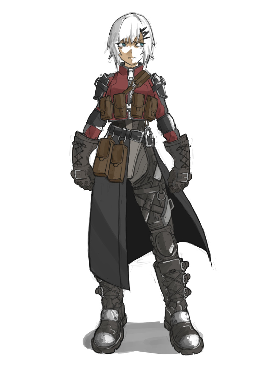 1girl, absurdres, ammunition_pouch, aqua_eyes, armor, belt, black_bodysuit, black_coat