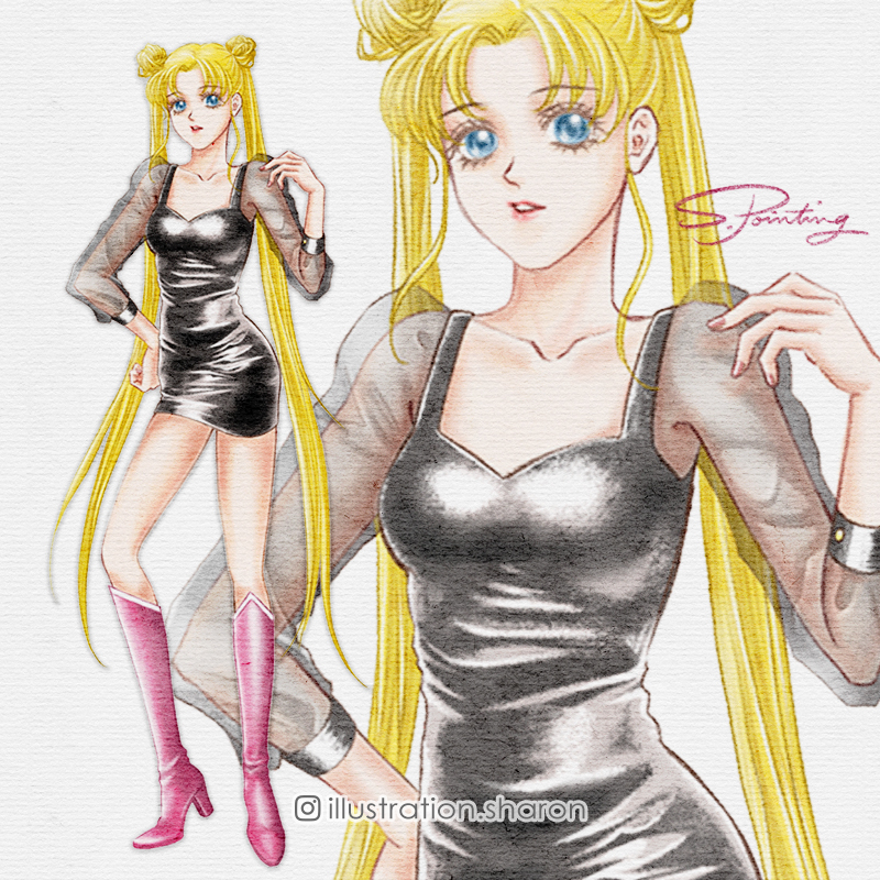 1girl, alternate_costume, bishoujo_senshi_sailor_moon, black_dress, blonde_hair, blue_eyes, boots, collarbone, commentary_request, double_bun, dress, hair_bun, high_heel_boots, high_heels, illustration_sharon, instagram_username, lips, long_hair, looking_at_viewer, pink_boots, see-through_clothes, see-through_sleeves, short_dress, signature, simple_background, solo, traditional_media, tsukino_usagi, twintails, very_long_hair, white_background
