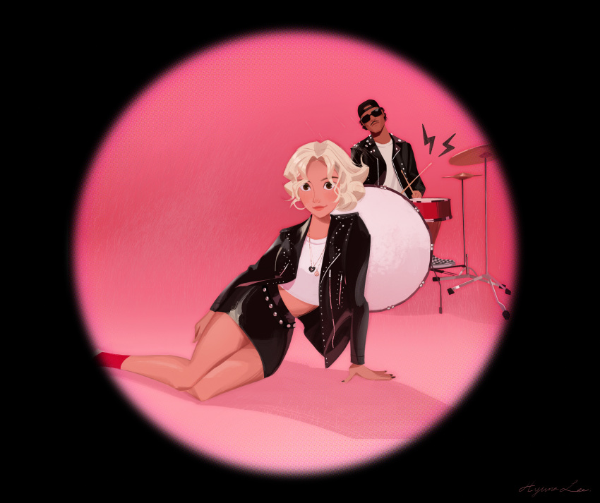 1boy, 1girl, apt._(rose_&amp;_bruno_mars), black_jacket, black_nails, black_skirt, blonde_hair, bruno_mars