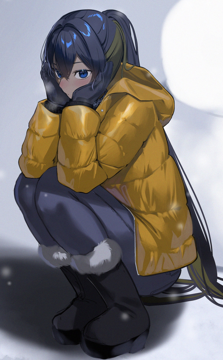 1girl, absurdres, black_boots, black_gloves, black_hair, black_pants, blonde_hair, blue_eyes