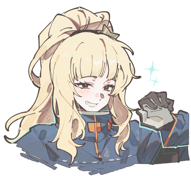 1girl, blonde_hair, ezra_(project_moon), gloves, hair_ornament, high_ponytail, jacket, limbus_company