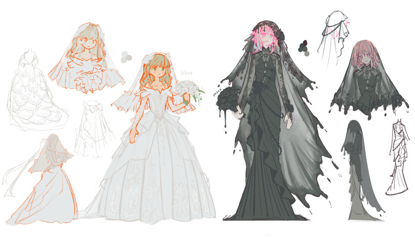 1girl, 1other, androgynous, black_dress, black_flower, black_rose, black_veil, blonde_hair