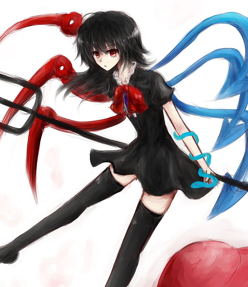 apple, asymmetrical_wings, bad_id, black_hair, black_legwear, dress, food, fruit