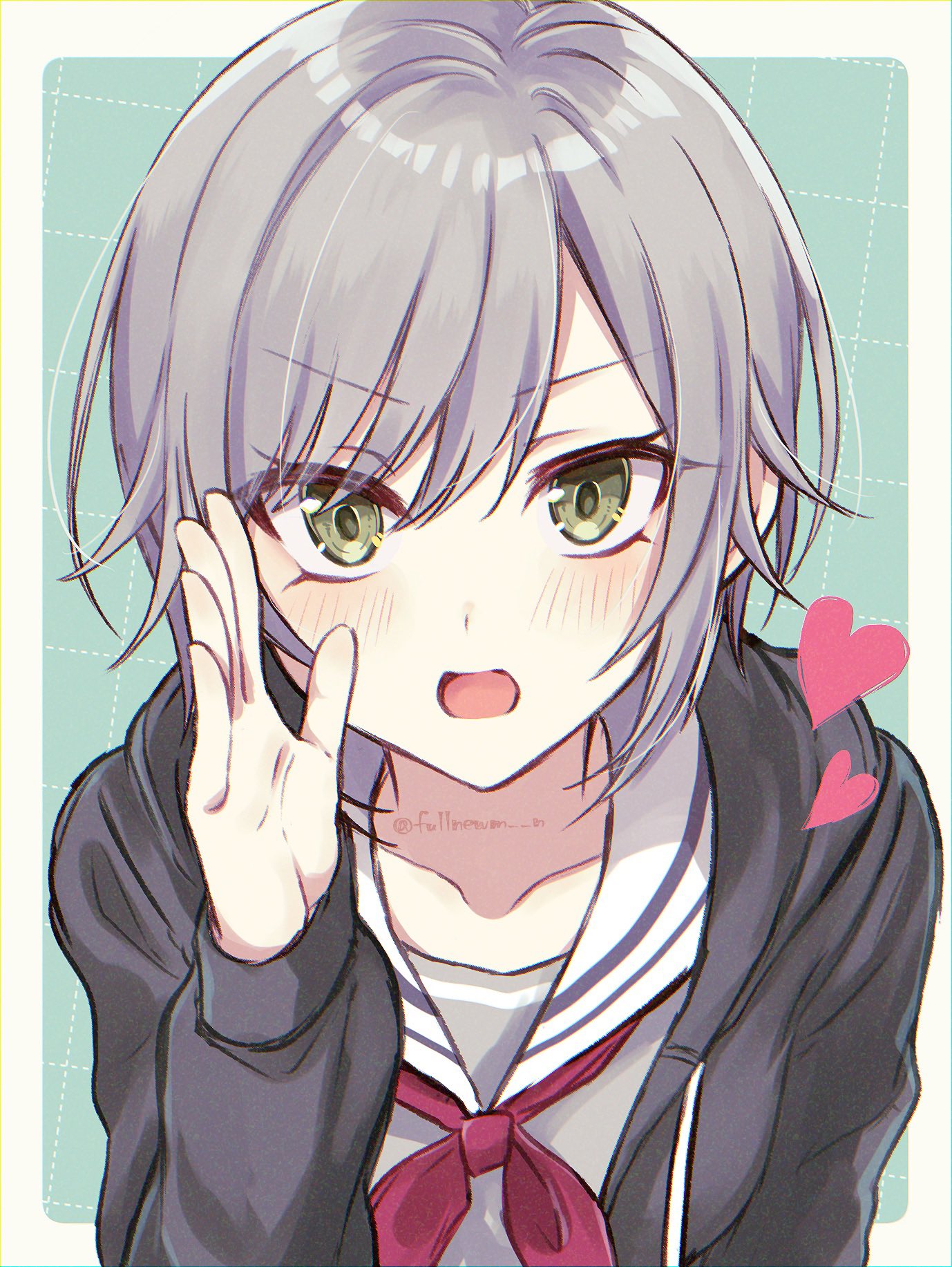 1girl, black_jacket, blush, breasts, collarbone, commentary, drawstring, green_background