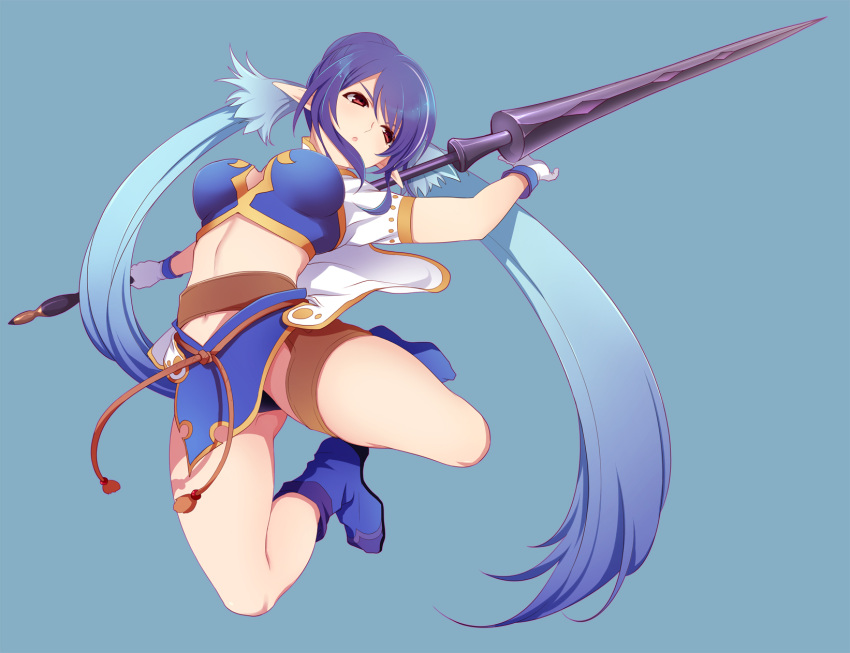 blue_hair, breasts, gloves, hair_bun, highres, judith, leg_garter, long_hair