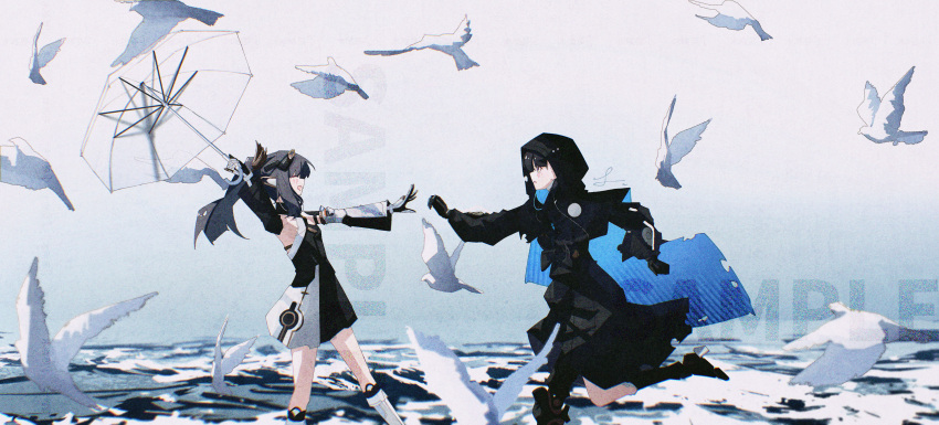 2girls, absurdres, bird, black_dress, black_hair, detached_sleeves, dove, dress, grey_hair, hair_ornament, highres, holding, holding_umbrella, hood, long_sleeves, mechanical_arms, mechanical_hands, mechanical_legs, multiple_girls, nanami:_startrail_(pgr), nanami_(pgr), ocean, punishing:_gray_raven, puyuyan, selena:_capriccio_(pgr), selena_(pgr), single_mechanical_leg, umbrella, wing_hair_ornament