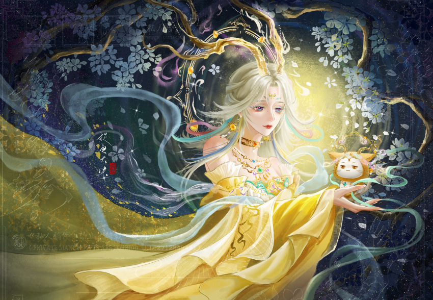 1girl, :3, absurdres, animal, antlers, bare_shoulders, blue_background, blue_eyes