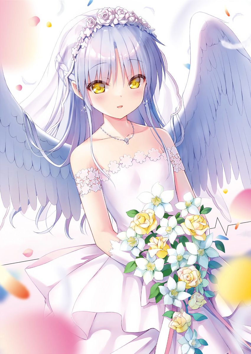1girl, :d, alternate_costume, alternate_hairstyle, angel, angel_beats!, angel_wings, backlighting
