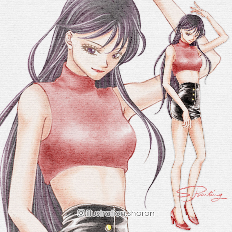 1girl, armpits, bare_shoulders, bishoujo_senshi_sailor_moon, black_hair, black_skirt, commentary_request, high-waist_skirt
