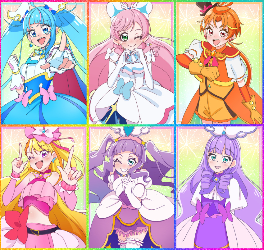 1boy, 5girls, ;), ;d, absurdres, akizora_(aki_precure), antenna_hair, aqua_eyes