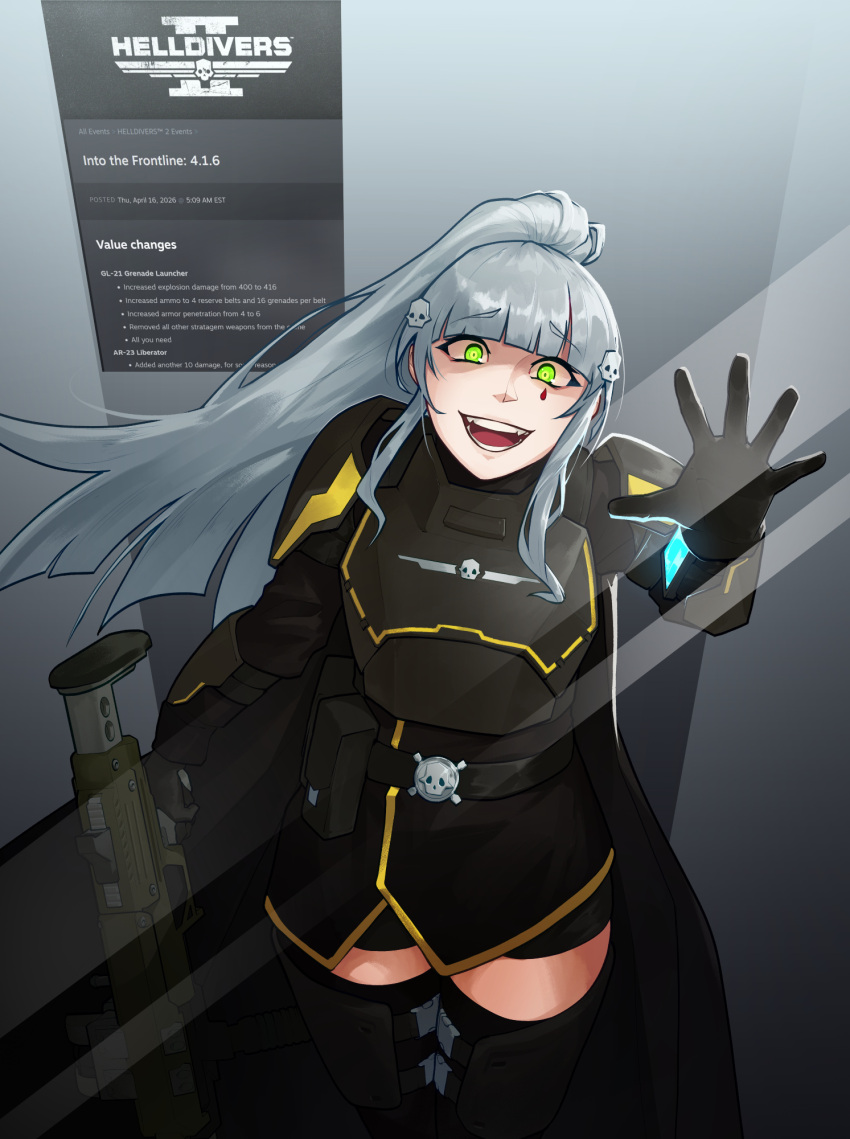1girl, alt_text, armor, black_cape, black_gloves, black_jacket, black_shorts, black_thighhighs