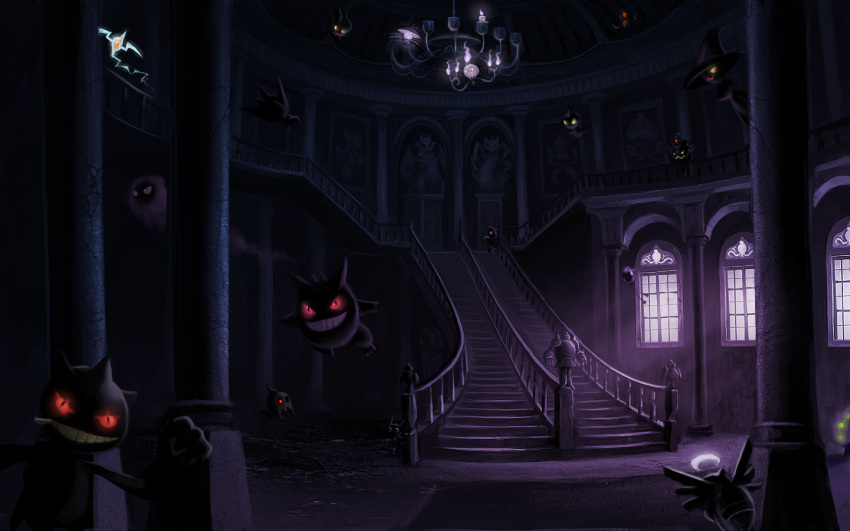 arkeis-pokemon, banette, chandelier, chandelure, cofagrigus, drifblim, drifloon, dusclops, dusknoir, duskull, frillish, froslass, gastly, gengar, ghost, giratina, golett, golurk, haunter, jellicent, lampent, litwick, misdreavus, mismagius, no_humans, pokemon, pokemon_(creature), red_eyes, rotom, sableye, shedinja, shuppet, spiritomb, window, yamask