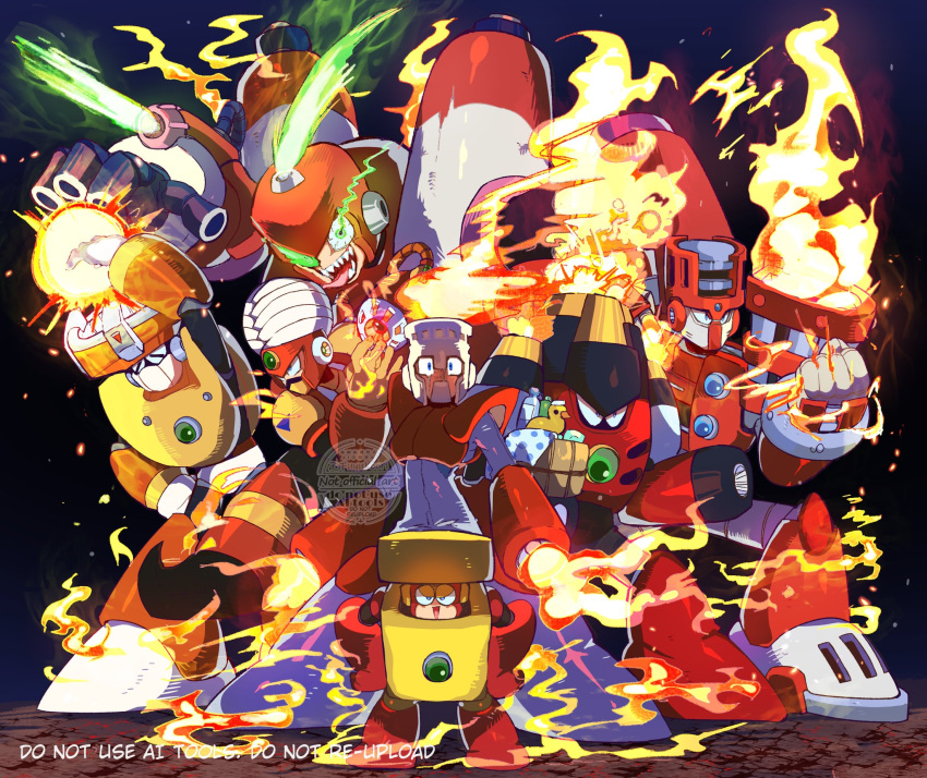6+boys, android, arm_cannon, arrow_(symbol), blue_eyes, bucket, burner_man, chest_jewel