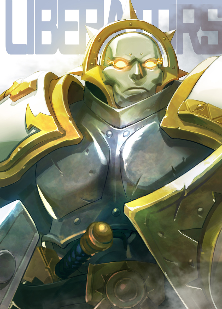 1boy, armor, commentary, english_commentary, highres, holding, holding_shield, kinggainer, mask, mixed-language_commentary, shield, shoulder_armor, solo, stormcast_eternal, sword, warhammer:_age_of_sigmar, warhammer_40k, weapon