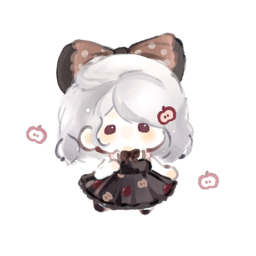 1girl, apple, apple_hair_ornament, apple_print, bare_arms, bare_shoulders, black_bow, black_bowtie