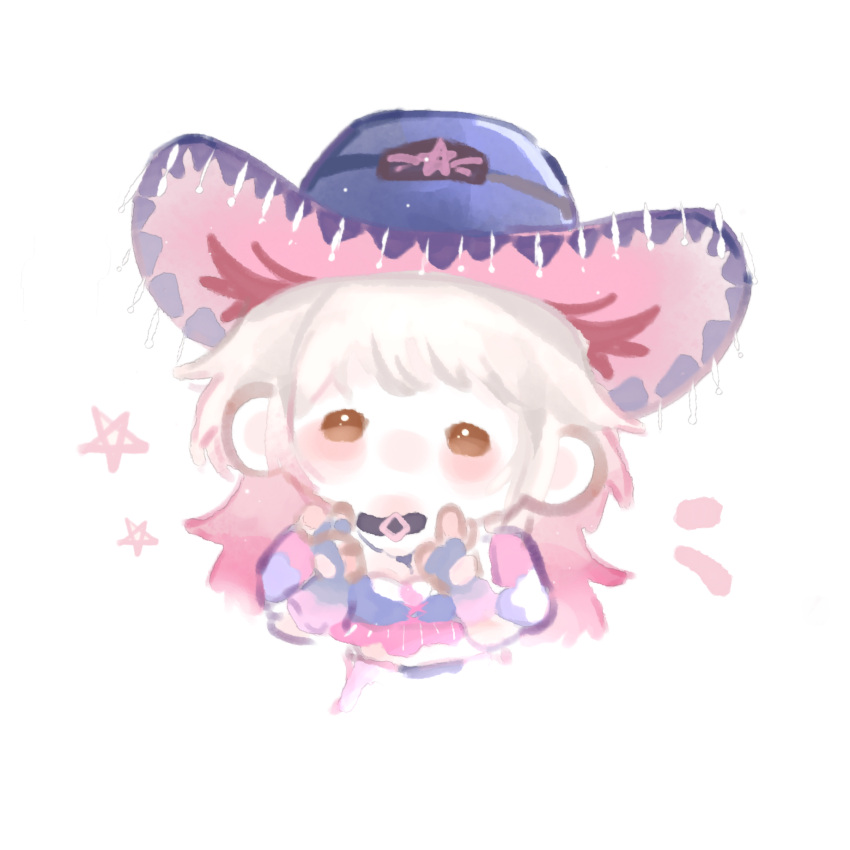 1girl, adventure_ride_(infinity_nikki), black_choker, blue_gloves, blue_hat, blue_shirt, brown_eyes, chibi