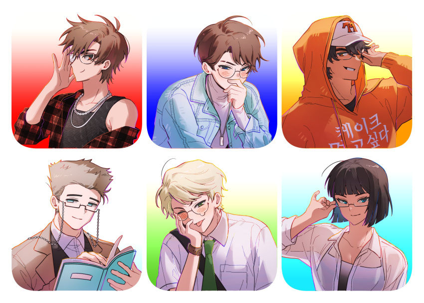 1girl, 5boys, :p, adjusting_eyewear, alternate_costume, animification, bad_id, bad_twitter_id