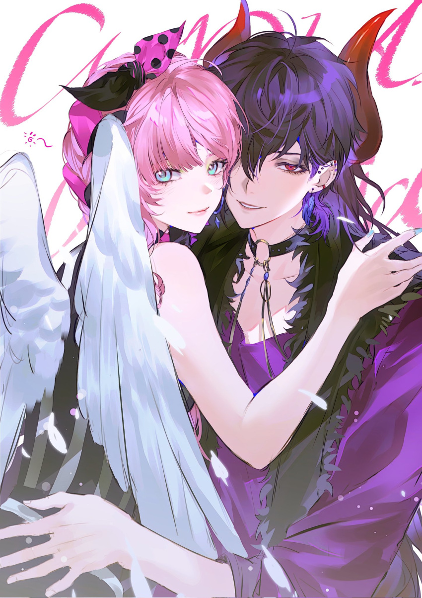 1boy, 1girl, allan_melville, angel, angel_wings, blue_eyes, braid, choker