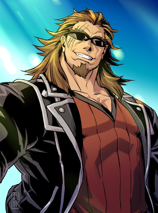 1boy, beard, black_jacket, brown_hair, commentary_request, facial_hair, fate/apocrypha, fate_(series), jacket, medium_hair, open_clothes, open_jacket, red_shirt, ryuuki_garyuu, scar, scar_across_eye, scar_on_face, shirt, shishigou_kairi, smile, solo, sunglasses