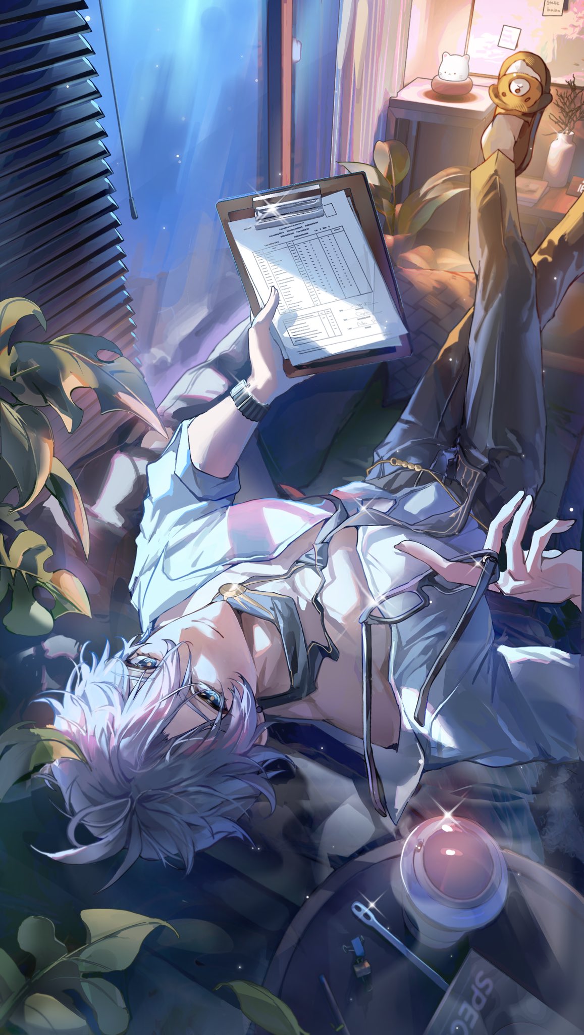 1boy, antenna_hair, black_necktie, black_pants, blue_eyes, collared_shirt, commentary, couch