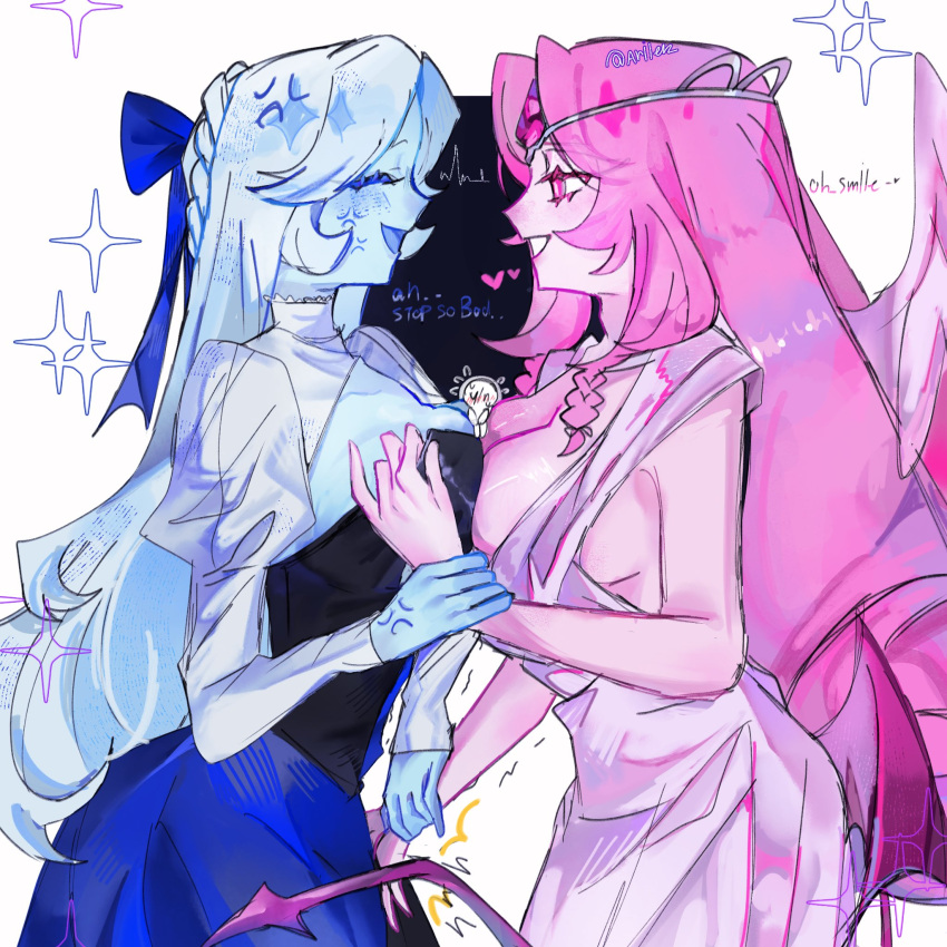 2girls, :d, angel_wings, anger_vein, blue_dress, blue_eyes, blue_skin, colored_skin