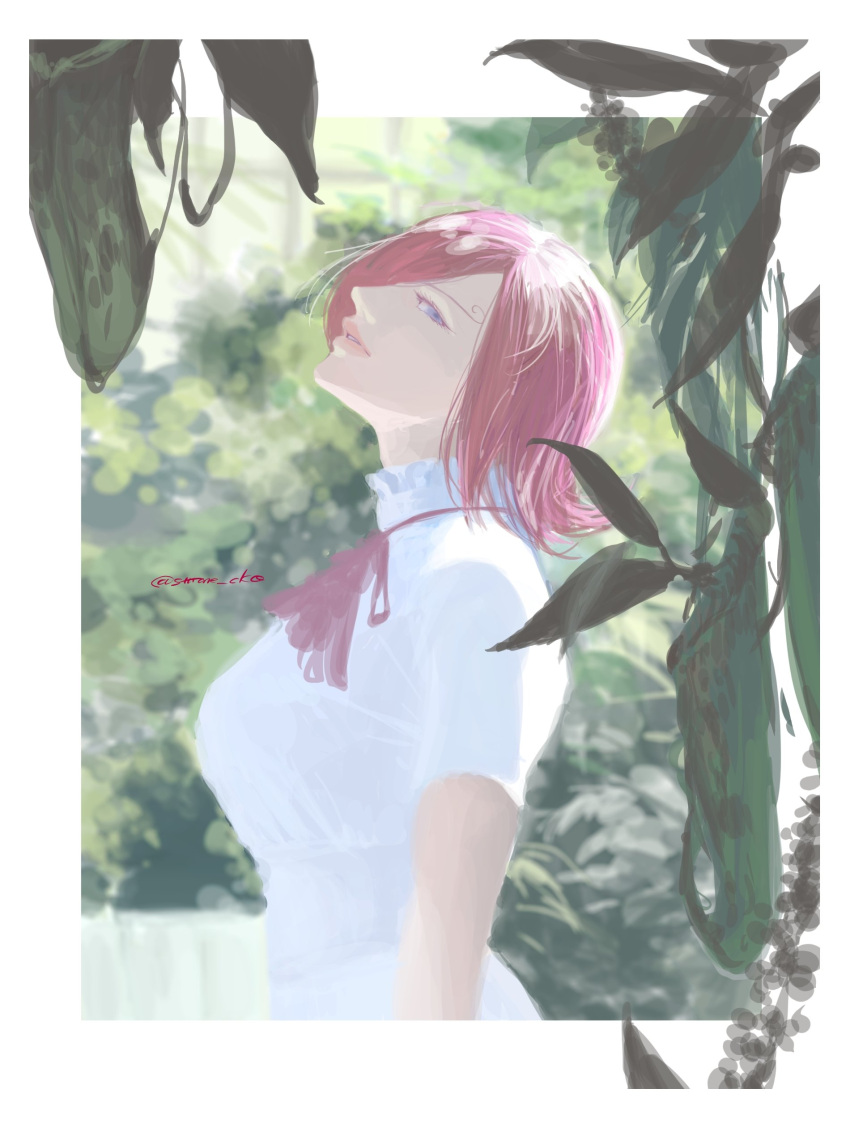 1girl, absurdres, curly_eyebrows, dress, highres, looking_at_viewer, medium_hair, one_piece