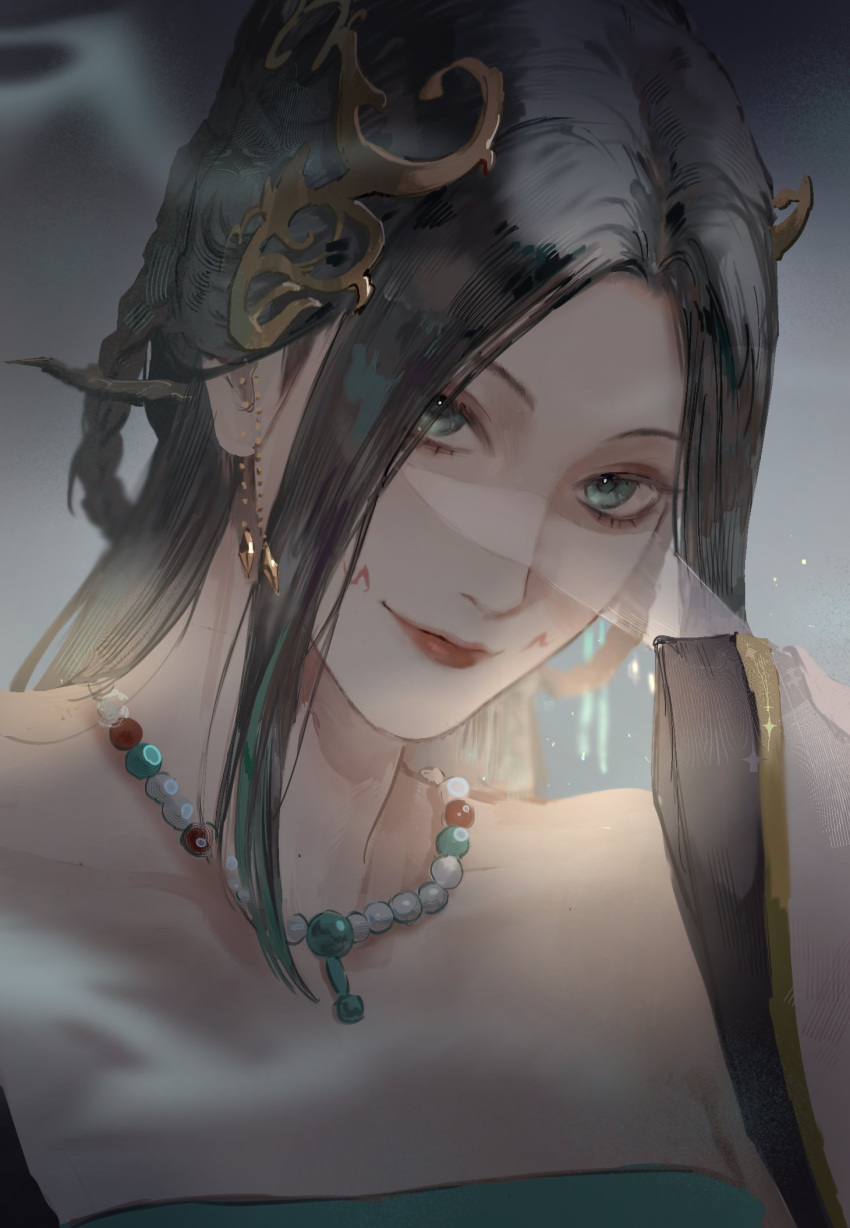 1girl, bare_shoulders, bead_necklace, beads, black_hair, braid, chinese_clothes, collarbone