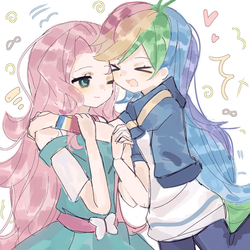 >_<, 2girls, :d, alternate_skin_color, animification, aqua_dress, aqua_eyes, blue_jacket