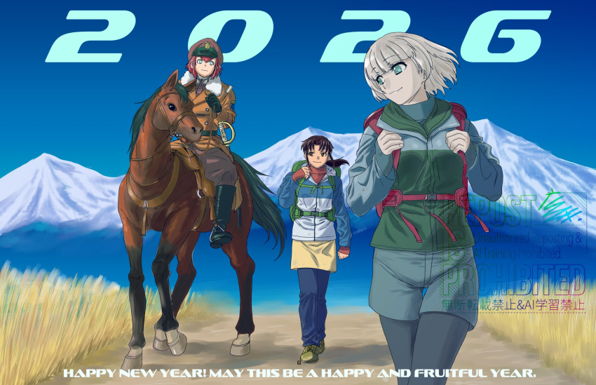 2026, 341_sentoudan, 3girls, black_boots, black_gloves, black_lagoon, blue_eyes, blue_sky