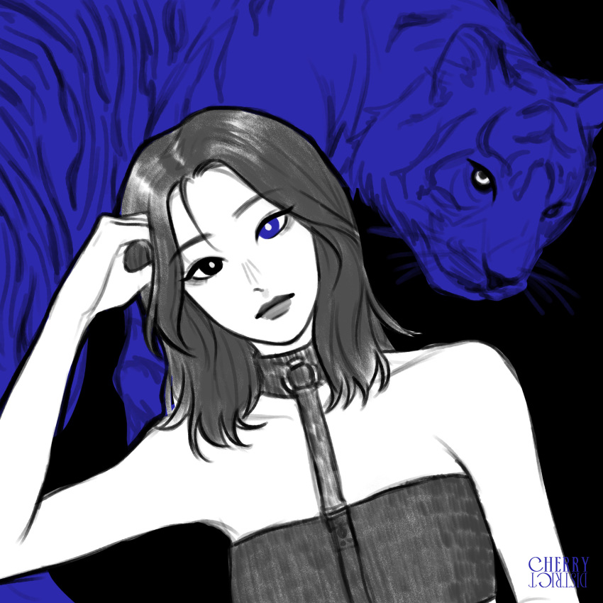 1girl, absurdres, animal, bare_shoulders, black_background, blue_eyes, cherrydistrict, choker