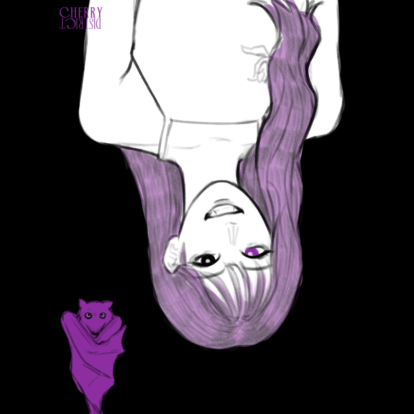 1girl, absurdres, bat_(animal), black_background, black_eyes, cherrydistrict, choerry, commentary, heterochromia, highres, long_hair, loona_(group), purple_hair, simple_background, smile, upper_body, upside-down, violet_eyes