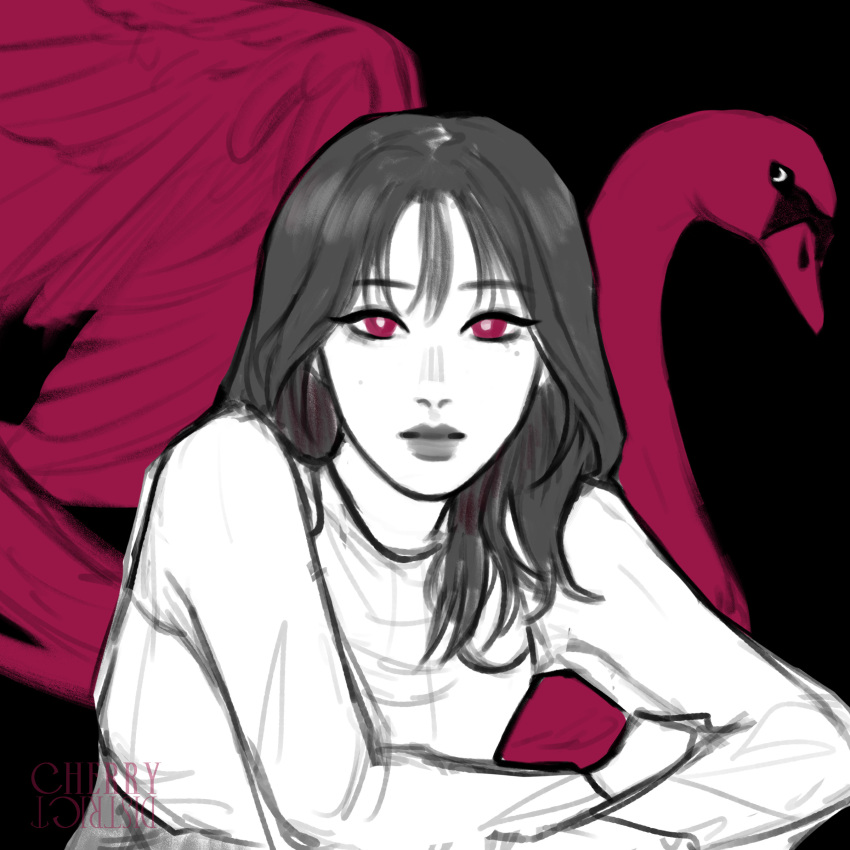 1girl, absurdres, bird, black_background, black_eyeliner, cherrydistrict, closed_mouth, commentary