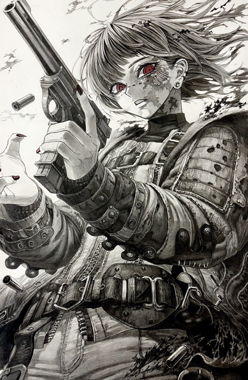 1girl, automag, belt, burn_scar, casing_ejection, denim, ear_piercing, earrings