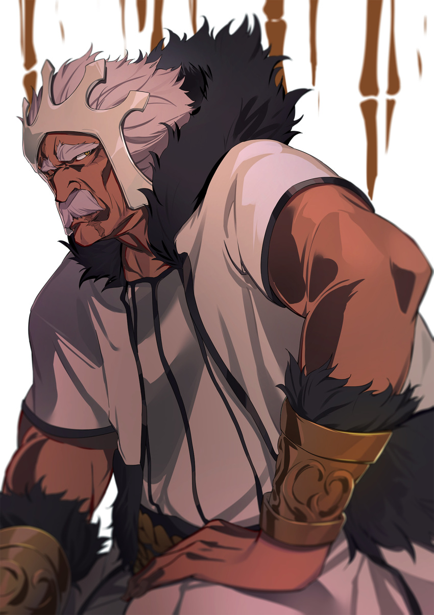 1boy, arrancar, baraggan_louisenbairn, black_fur, bleach, commentary_request, crown, dark-skinned_male