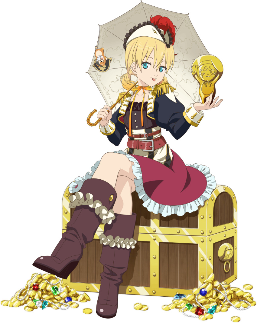 1girl, artist_request, belt, blonde_hair, blue_eyes, boots, brown_boots, collarbone