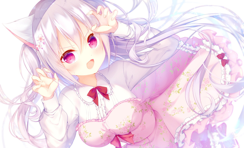 1girl, :d, amairo_chocolata, animal_ears, blurry, blush, bow, bowtie, breasts, cat_ears, cat_girl, center_frills, claw_pose, commentary, cowboy_shot, depth_of_field, dress, dutch_angle, fang, fingernails, floating_hair, floral_print, floral_print_dress, flower, frilled_dress, frilled_shirt, frills, fuwa_mochiri, hair_between_eyes, hair_flower, hair_ornament, hands_up, highres, kohana_(amairo_chocolata), large_breasts, long_hair, long_sleeves, looking_at_viewer, open_mouth, pink_dress, print_dress, red_bow, red_bowtie, red_eyes, rose_print, shirt, sidelocks, simple_background, smile, solo, strapless, strapless_dress, v-shaped_eyebrows, very_long_hair, white_background, white_flower, white_hair, white_shirt
