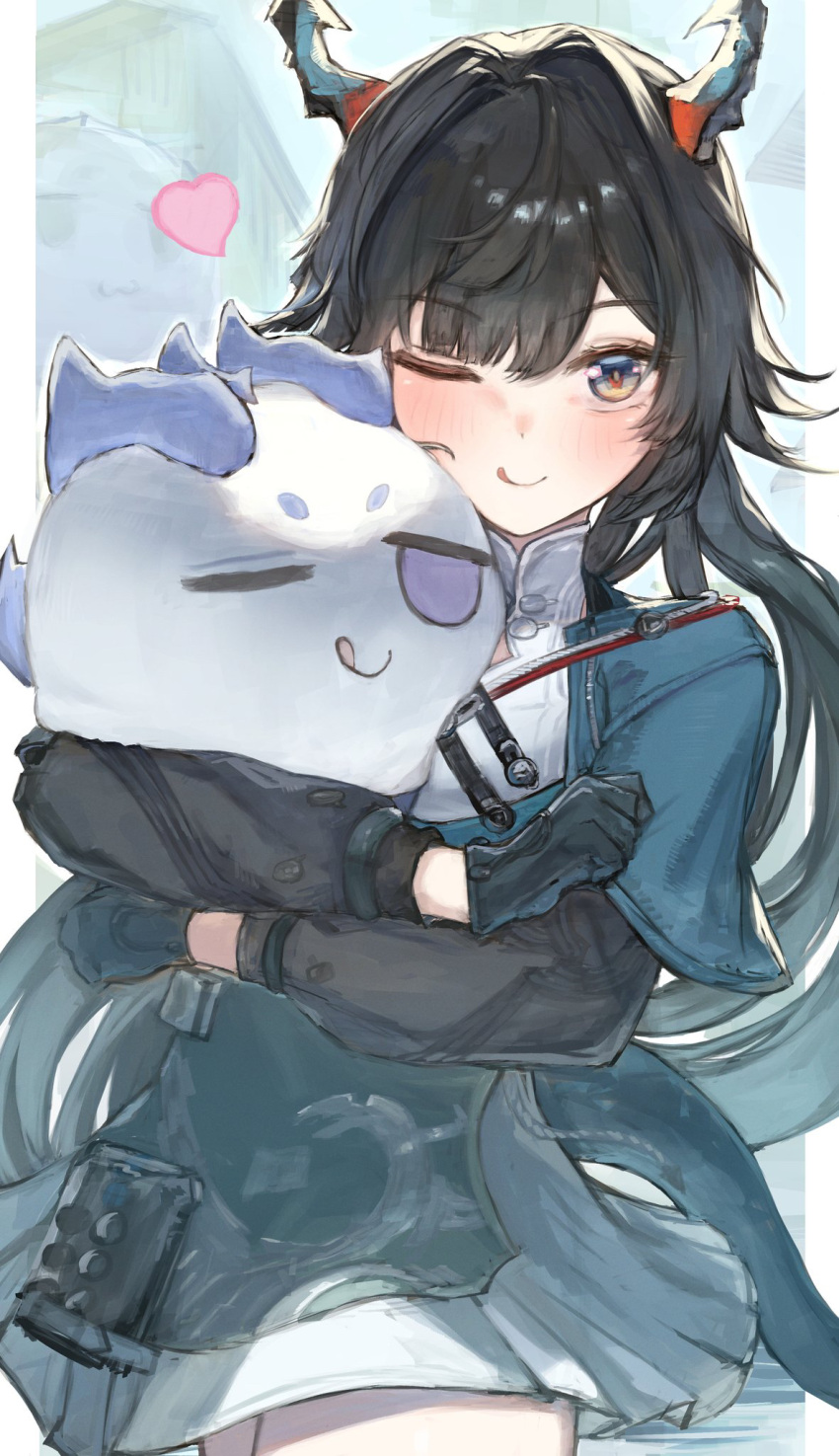 1girl, ;q, arknights, arknights:_endfield, black_gloves, black_hair, blue_eyes, blush
