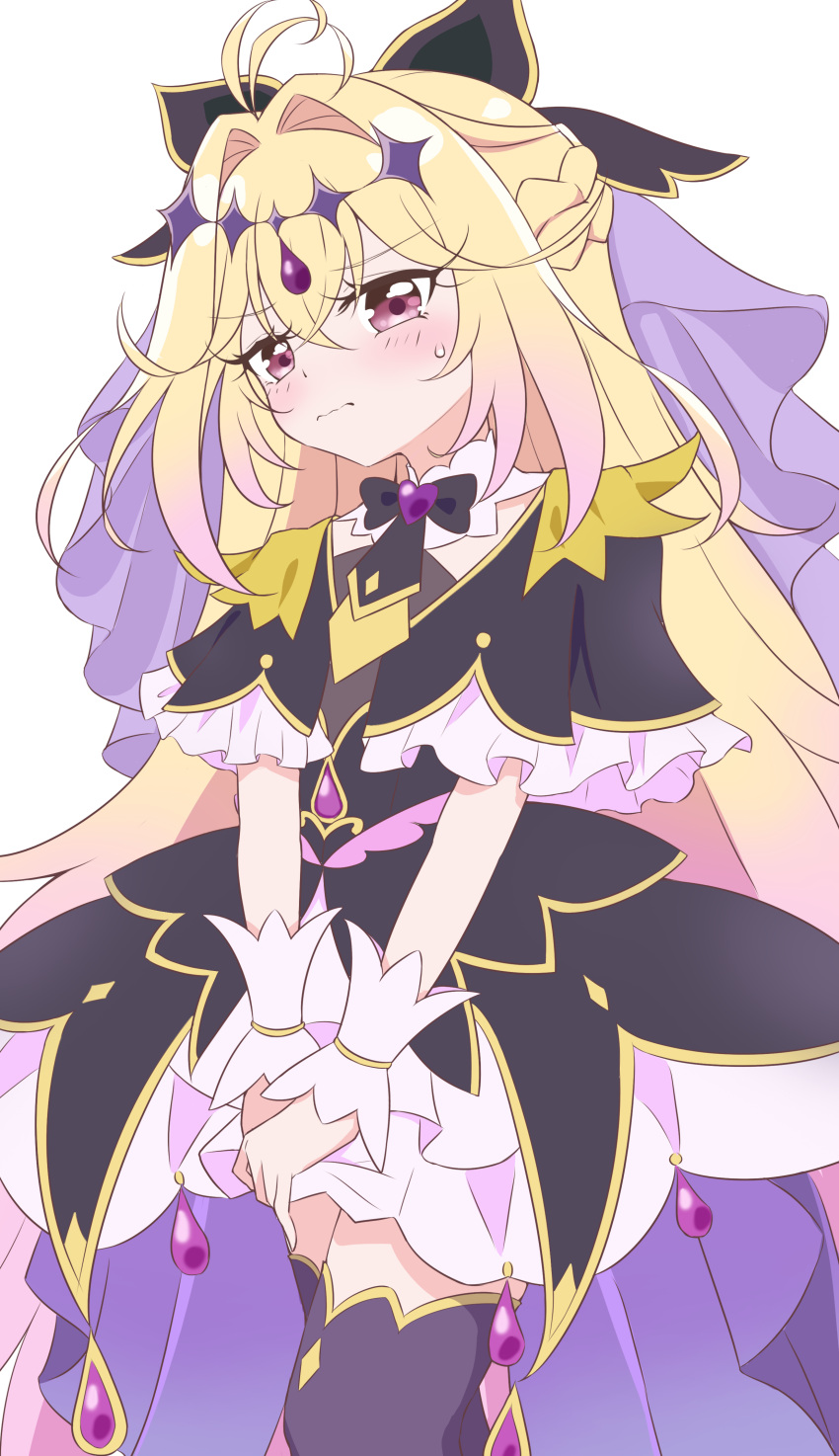 1girl, absurdres, antenna_hair, black_bow, black_capelet, black_dress, black_thighhighs, blonde_hair, blush, bow, brooch, capelet, closed_mouth, commentary, cowboy_shot, cure_arcana_shadow, dress, dress_tug, frilled_capelet, frilled_cuffs, frills, frown, gradient_hair, hair_bow, hair_intakes, half-dress, heart, heart_brooch, highres, jewelry, layered_dress, long_hair, looking_at_viewer, magical_girl, medium_dress, meitantei_precure!, moria_luluka, multicolored_hair, precure, purple_veil, simple_background, solo, sweatdrop, thigh-highs, veil, violet_eyes, white_background, yami_(yangjiechen5)