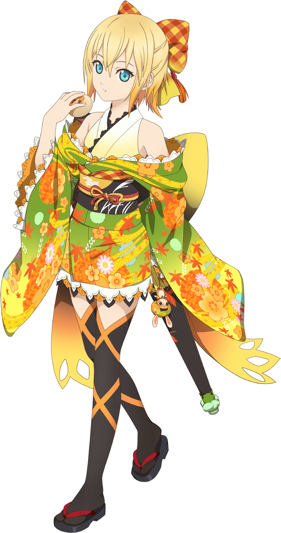 1girl, artist_request, black_sandals, black_thighhighs, black_umbrella, blonde_hair, blue_eyes, closed_umbrella