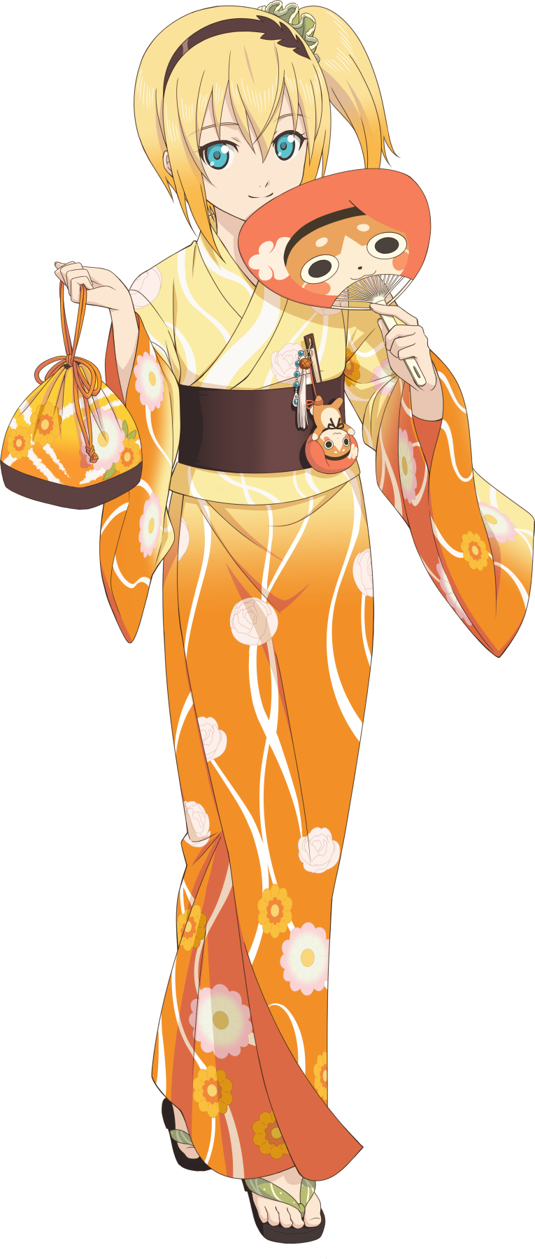 1girl, artist_request, black_sandals, blonde_hair, blue_eyes, closed_mouth, edna_(tales), floral_print