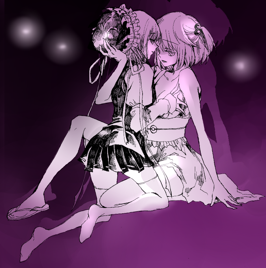 bad_id, bare_shoulders, barefoot, breasts, cleavage, frills, hair_bobbles, hair_ornament, harinezumixxx, hat, kneeling, legs, long_sleeves, looking_back, monochrome, multiple_girls, mutual_yuri, obi, onozuka_komachi, profile, purple, sandals, shikieiki_yamaxanadu, short_hair, short_twintails, sitting, skirt, sleeveless, smile, thigh-highs, thighhighs, touching, touhou, twintails, yuri