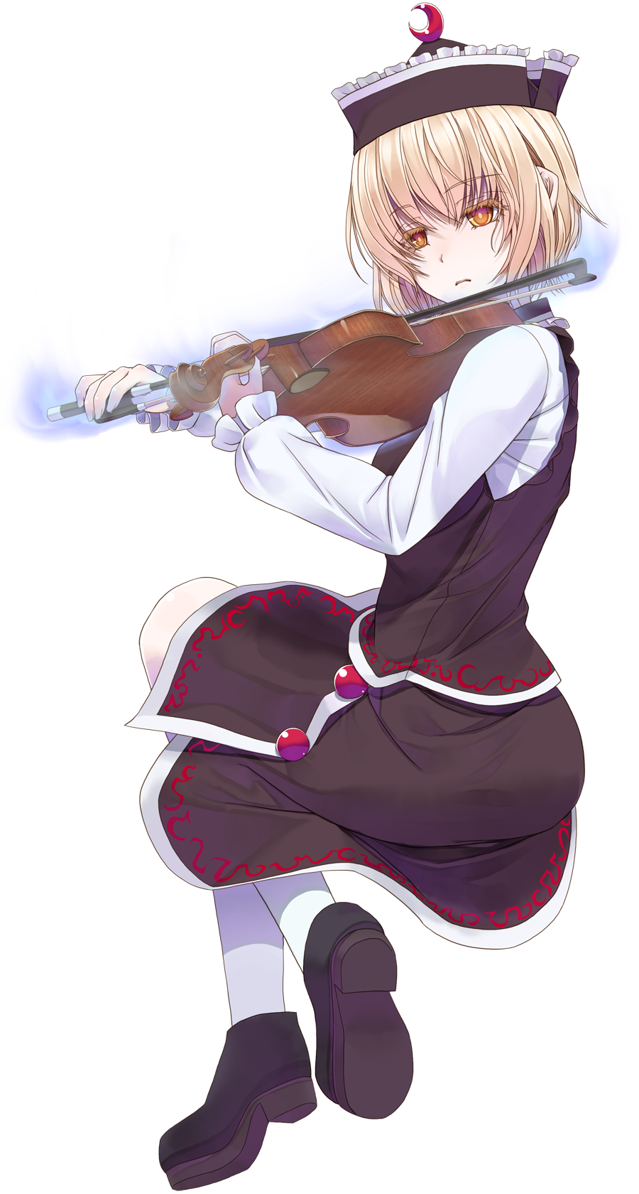 1girl, black_hait, black_hat, black_shoes, black_skirt, black_vest, blonde_hair, bow_(music)