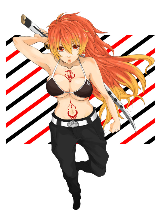 baggy_pants, belt, belt_buckle, bikini_top, breasts, crimson, katana, kirigakure_shura