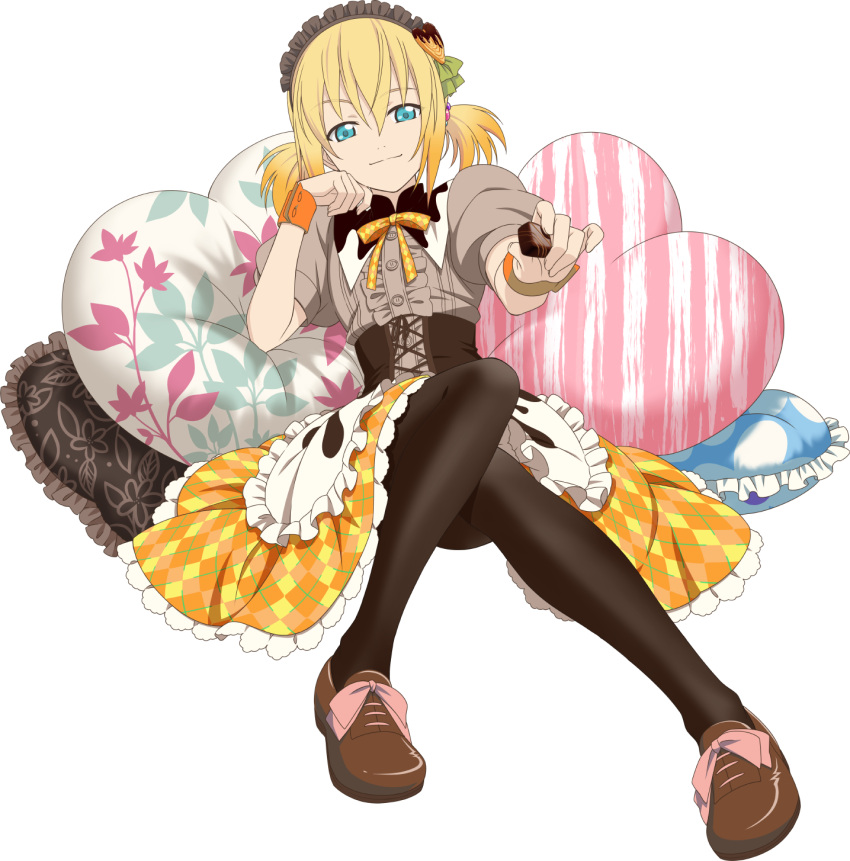 1girl, artist_request, black_pantyhose, blonde_hair, blue_eyes, brown_shoes, chocolate, closed_mouth