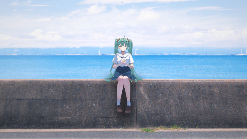 1girl, ahoge, aqua_eyes, aqua_hair, blue_skirt, blue_sky, brown_shoes, closed_mouth